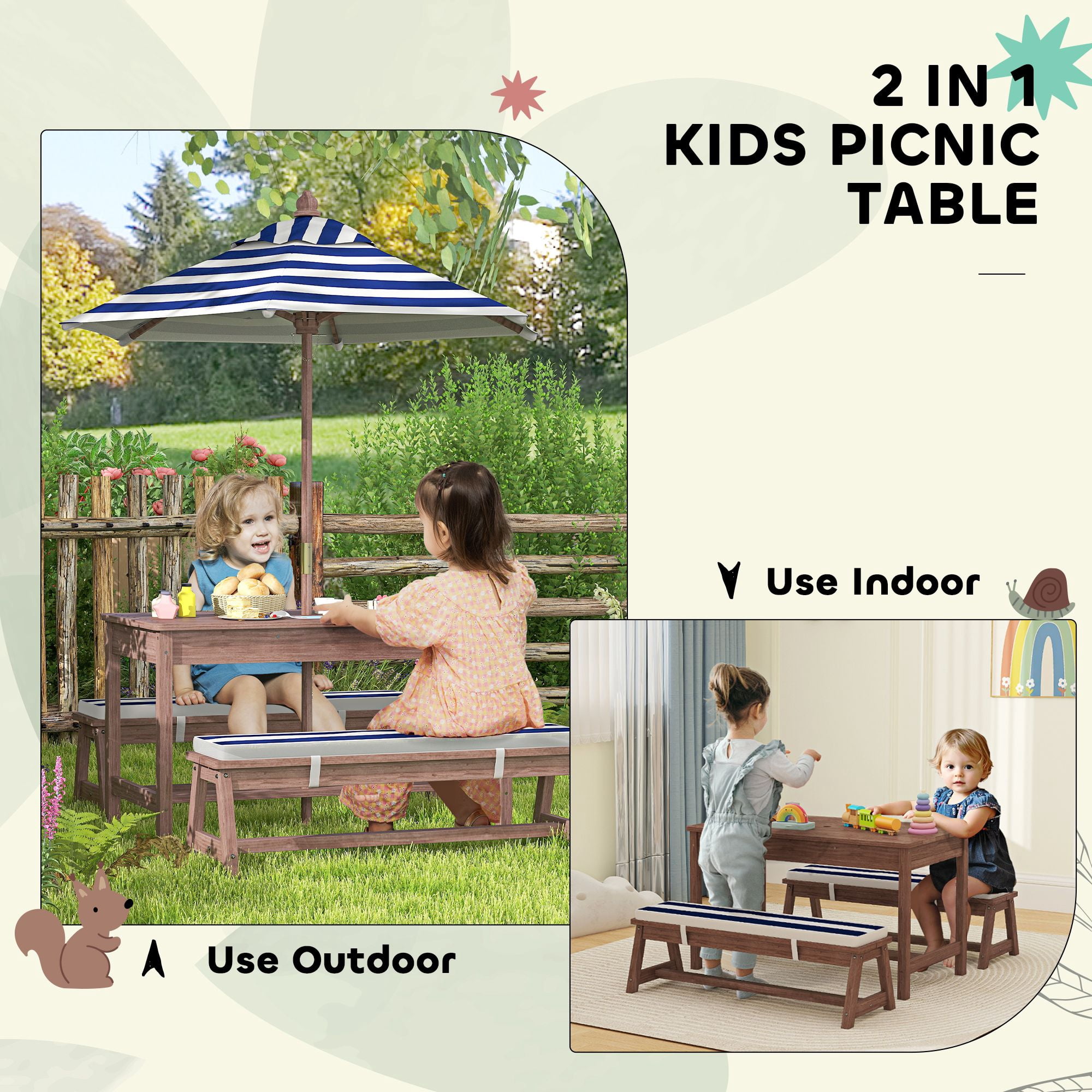 Outdoor Wooden Kids Picnic Table & Bench Set with Cushions and Umbrella, for Patio, Garden, Navy Blue