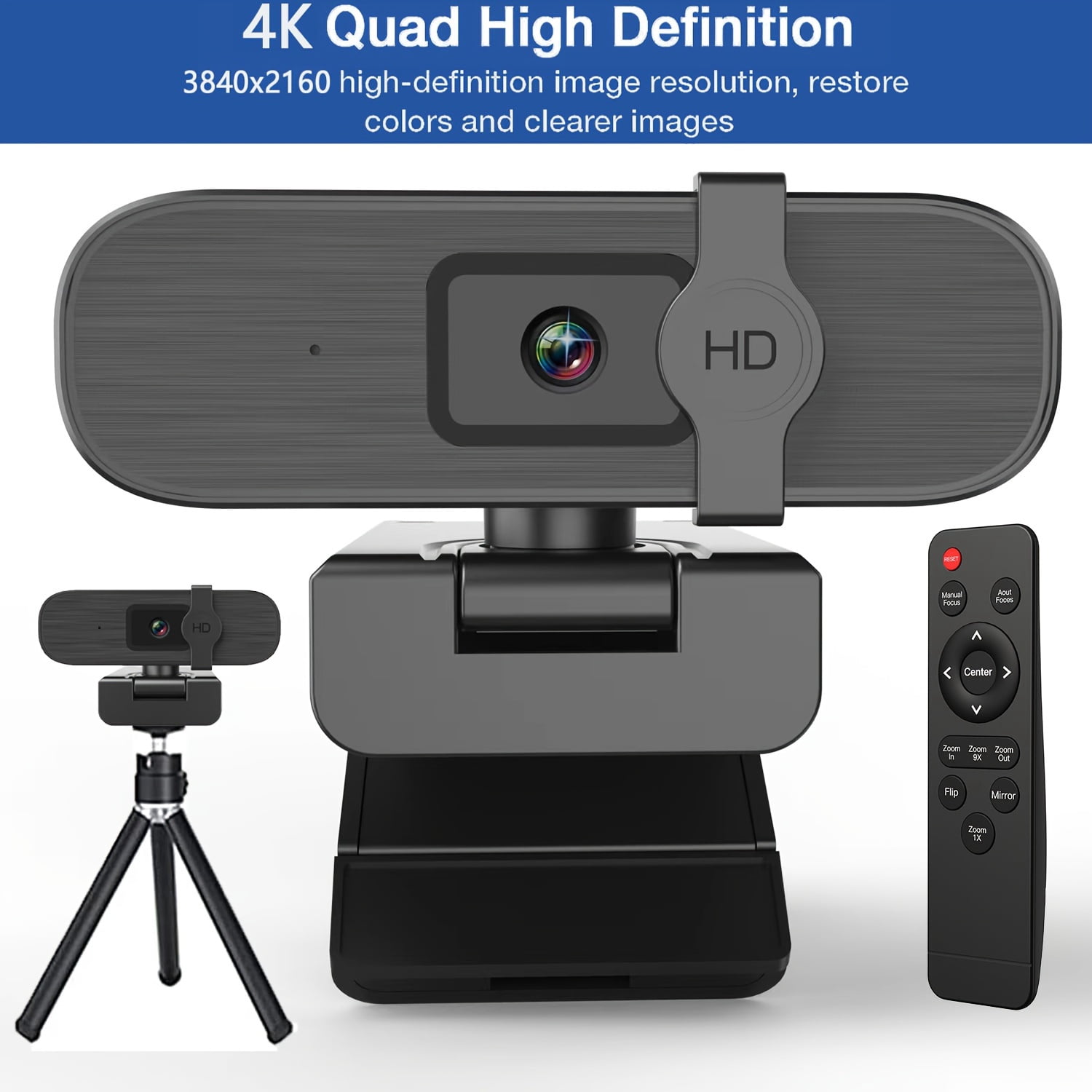 4K Webcam with Auto Zoom, Remote & Privacy Cover, Adjustable White Balance, Built-in Mic, Plug & Play for Laptop/Desktop, Ideal for Video Calls and Meetings
