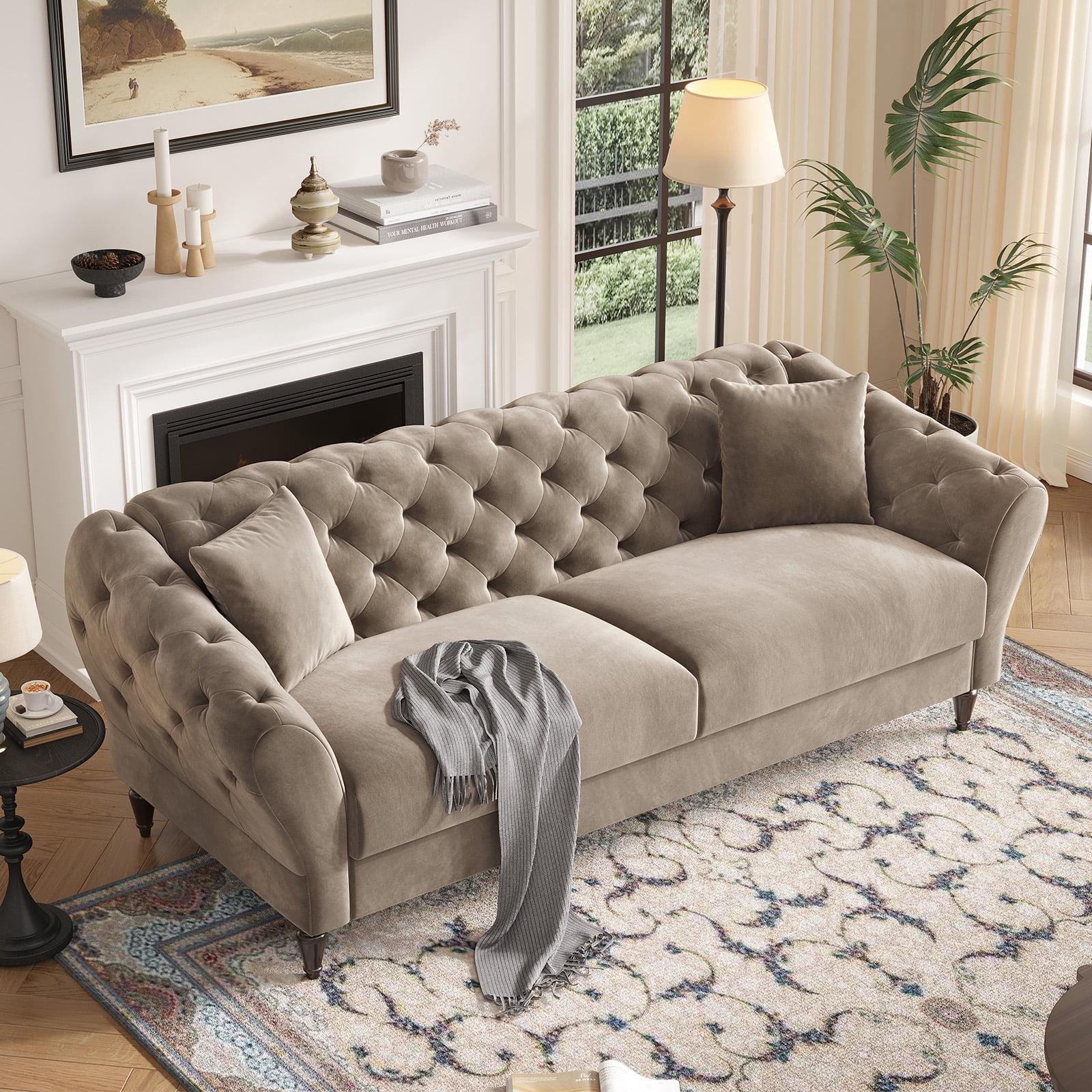 COPIAE 82 Inch Chesterfield loveseat Sofa,Tuxedo Arms Modern Couch Sturdy and Easy Installation, Small Sofa for Living Room Bedroom Office and Apartment,Velvet Fabric Brown