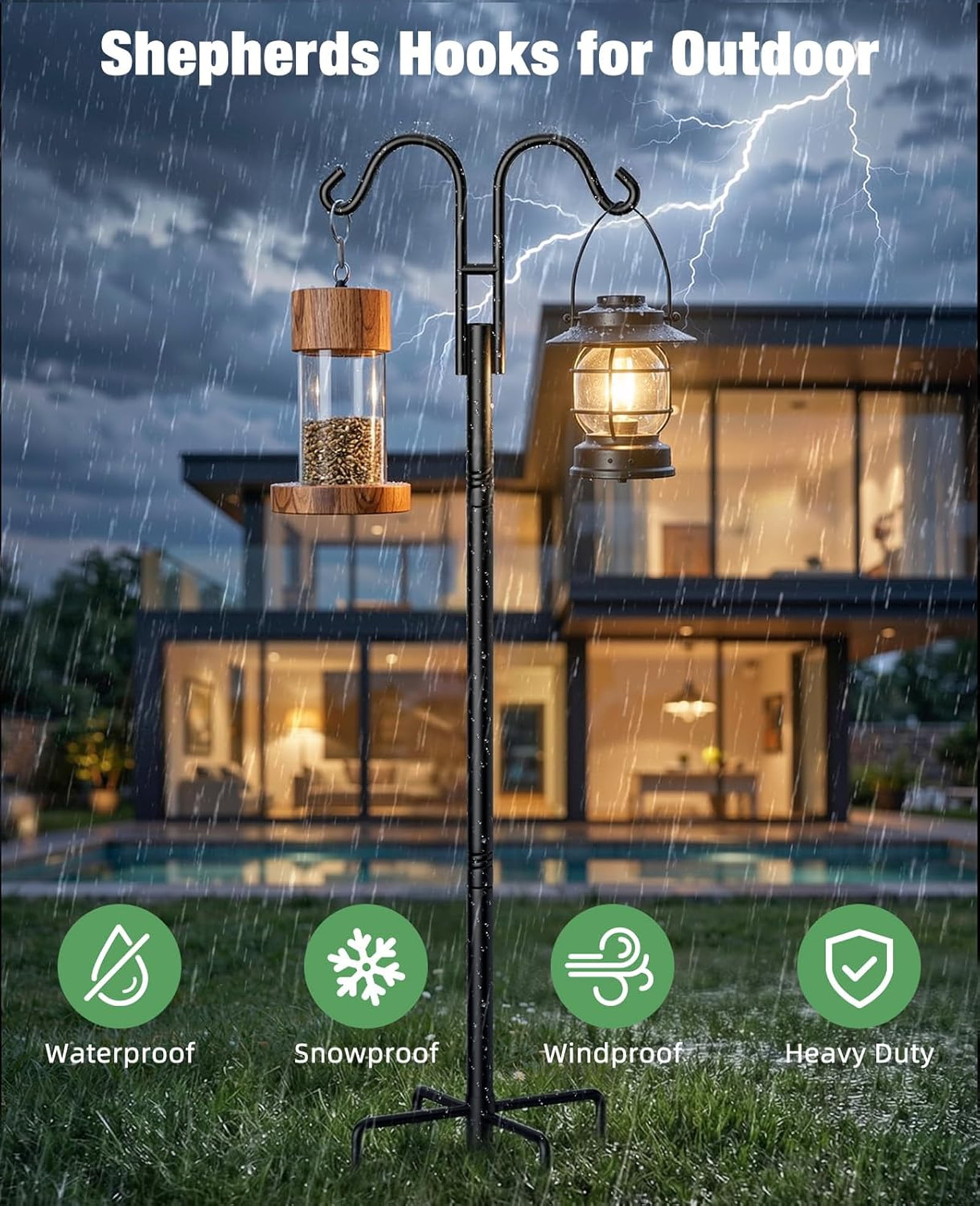 Fmxomd Bird Feeders Pole,Shepherds Hooks for Outdoor 1 Pack 60 Inch Bird Feeders for Outdoors with 5 Prongs Base Hanging Planters for Outdoor, Black