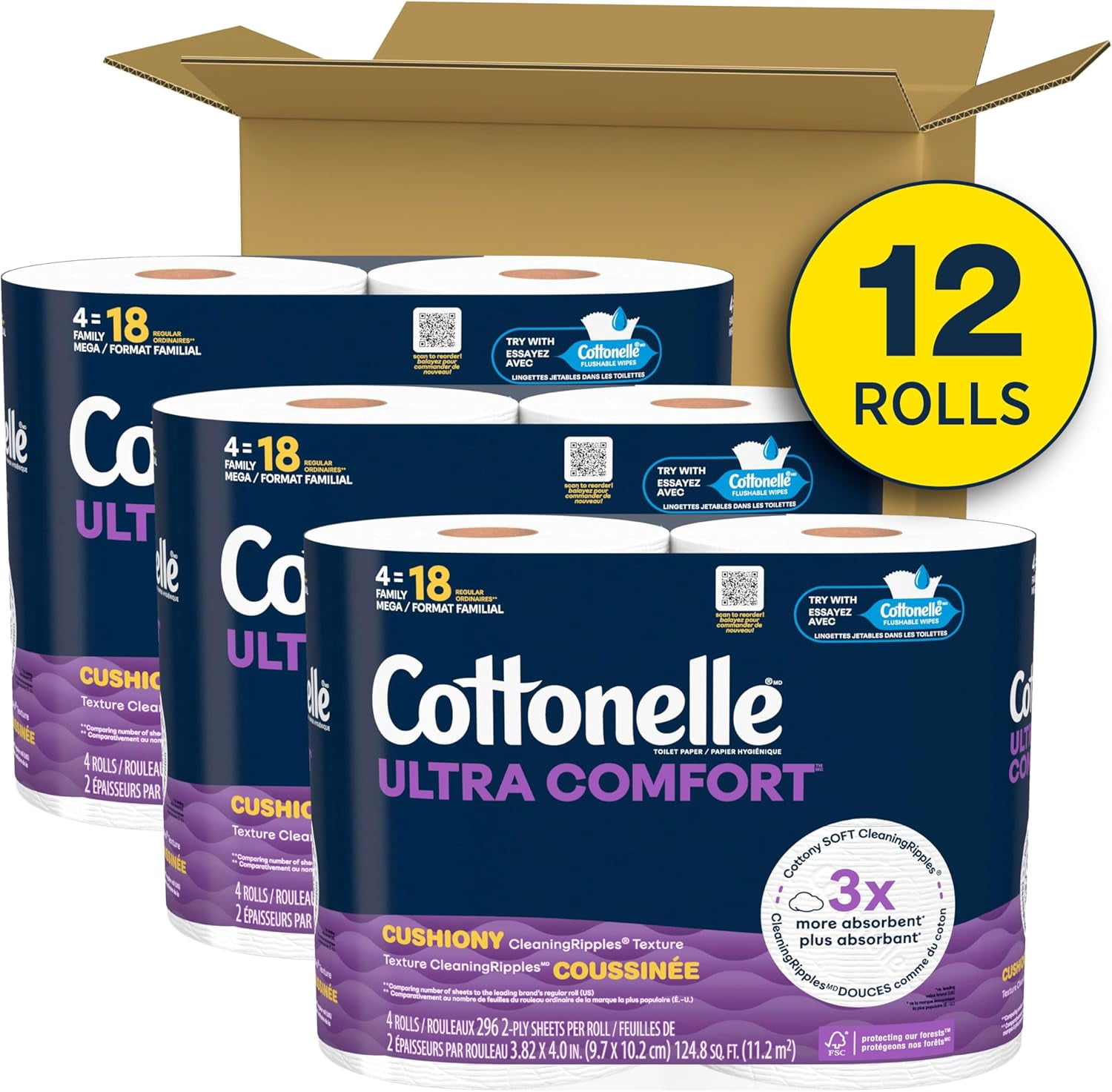 Ultra Comfort Toilet Paper with Cushiony CleaningRipples Texture, 12 Family Mega Rolls = 54 Regular Rolls