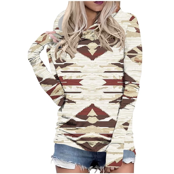 Craaazy Women's Bohemian Printed Hoodie Long Sleeve Pullover Sweatshirt Geometric Western Retro Loose Fit Casual Top with Hood for Daily Wear Gifts