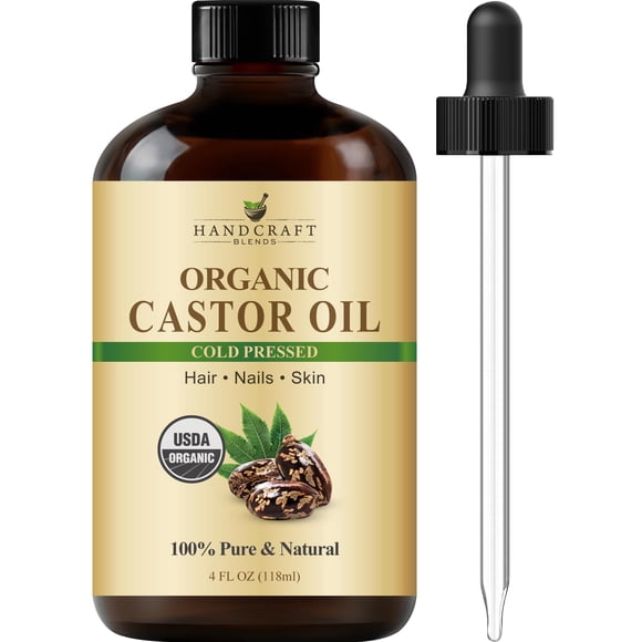 Handcraft Blends Aceite de ricino orgánico prensado en frío en botella de vidrio - 4 onzas líquidas - puro y natural - Aceite de grado premium para el crecimiento del cabello, pestañas y cejas - Ace