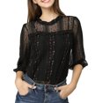 thumbnail image 3 of INSPIRE CHIC Women's 3/4 Sleeves Ruffle Mock Neck Sheer Lace Tops S Black, 3 of 9
