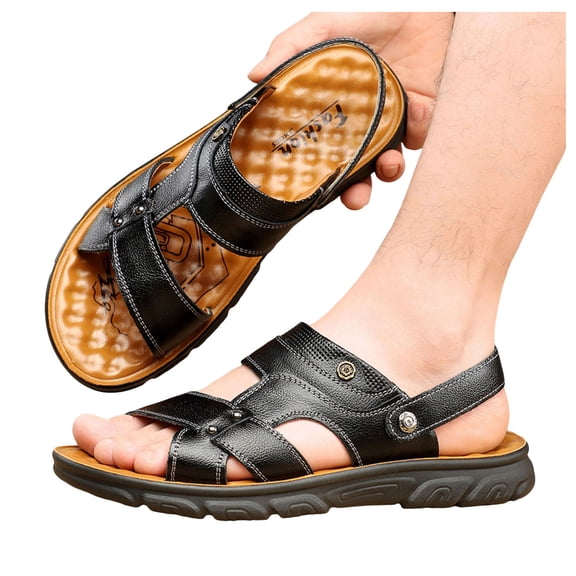 Rokment Mens Orthotic Sandals with Back Strap Convertible Arch Support Leather Open Toe Walking Slip on Beach Casual Backless Slides Summer Shoes for Driving Work Non Slip Black Size 7.5