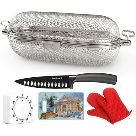 

Napoleon 64000 Rotisserie Grill Basket Stainless Steel Bundle with 3D City Collection Rome Cutting Board 6 inch Chef s Knife Black Pair of Red Heat Resistant Oven Mitt and 60 Minute Kitchen Timer