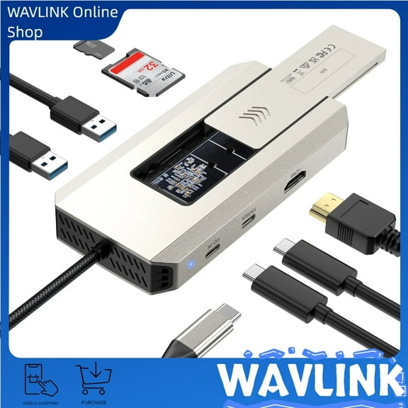 WAVLINK 8-in-1 Type C 10Gbps Hub with M.2 PCIe/SATA SSD Enclosure, Multiport Adapter