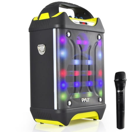 PYLE PWMA275BT - Portable Bluetooth Karaoke Speaker System, Flashing DJ Lights, Built-in Rechargeable Battery, Wireless Microphone, Recording Ability, MP3/USB/SD/FM