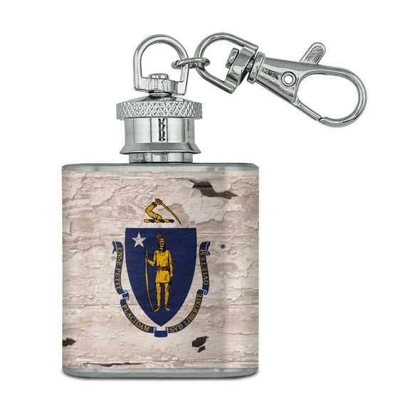 Rustic Massachusetts State Flag Distressed USA Stainless Steel 1oz Mini Flask Key Chain