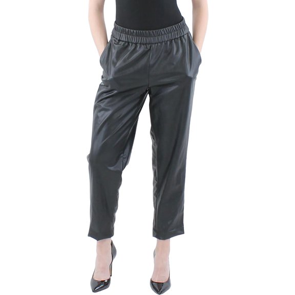 Anne Klein Womens Faux Leather Cinched Waist Trouser Pants
