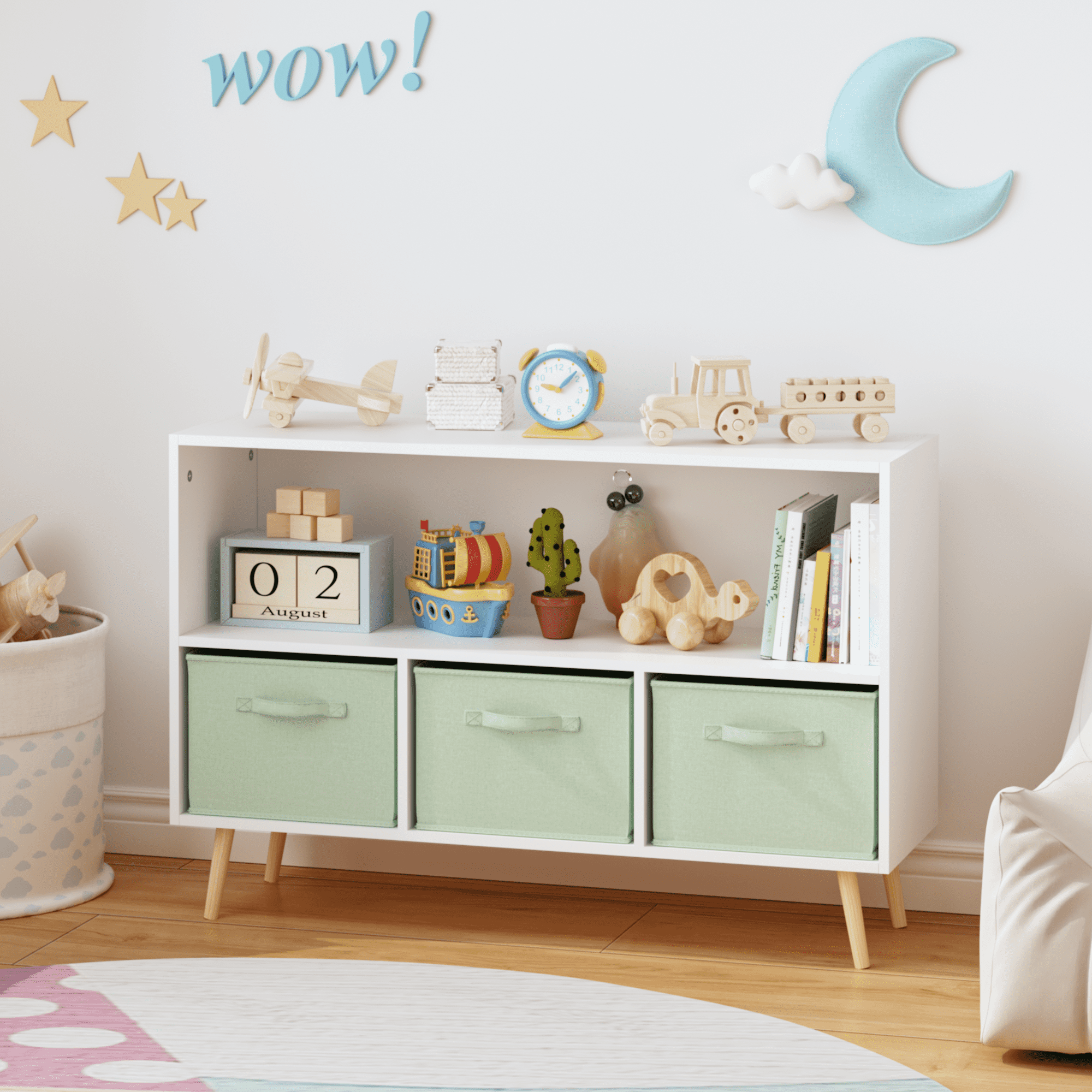 Leumius 4 Cube Kids Bookcase & Toy Storage Organizer with 3 Fabric Drawers for Playroom Storage,Green