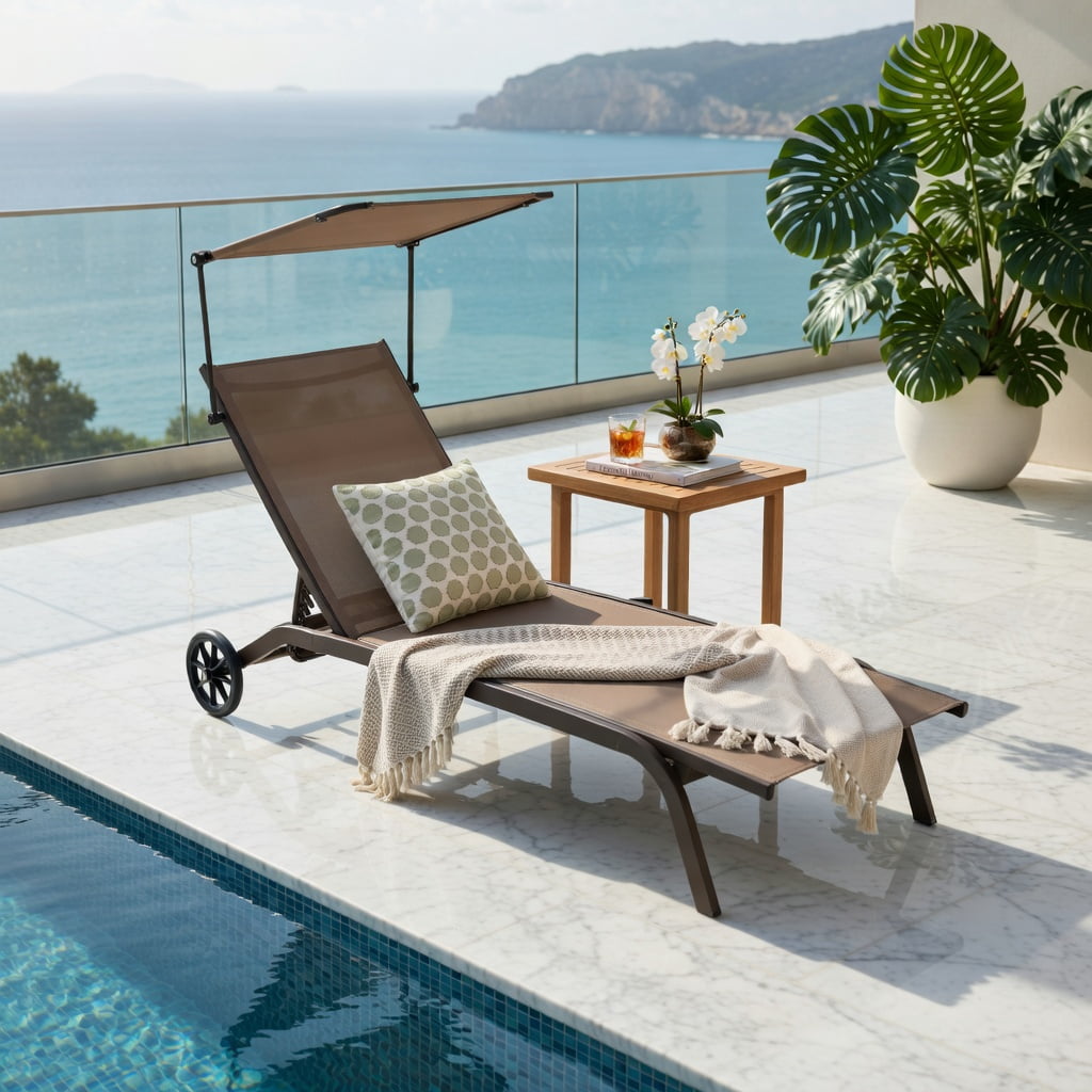 Hommoo Heavy-Duty Adjustable Chaise Lounge Chair with Rotating Sun Canopy, Built-in Cup Holder & Smooth-Rolling Wheels, Outdoor Recliner for Patio, Poolside & Balcony, Brown