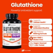 Healthfare Glutathione Supplement 1000mg | Reduced GSH Antioxidant | 98%+ Highly Purified | 150 Vegan Capsules | Immune & Detox Support | Non-GMO, Gluten-Free | Made in USA