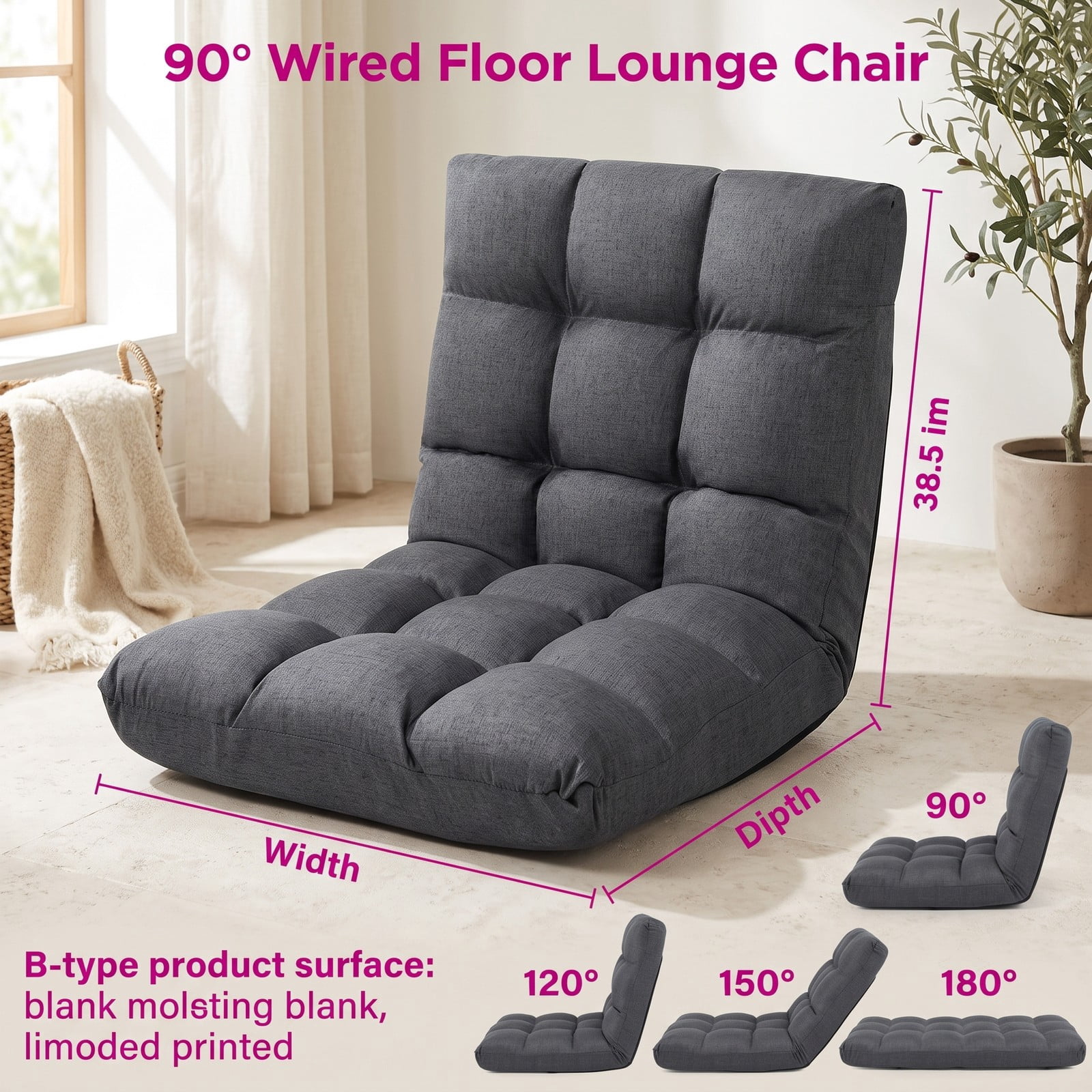 Furnibear 14-Position Adjustable Folding Floor Gaming Sofa Chair, Padded Lazy Recliner Lounger with Steel Frame and Cotton Linen Fabric for Living Room Bedroom, Gray