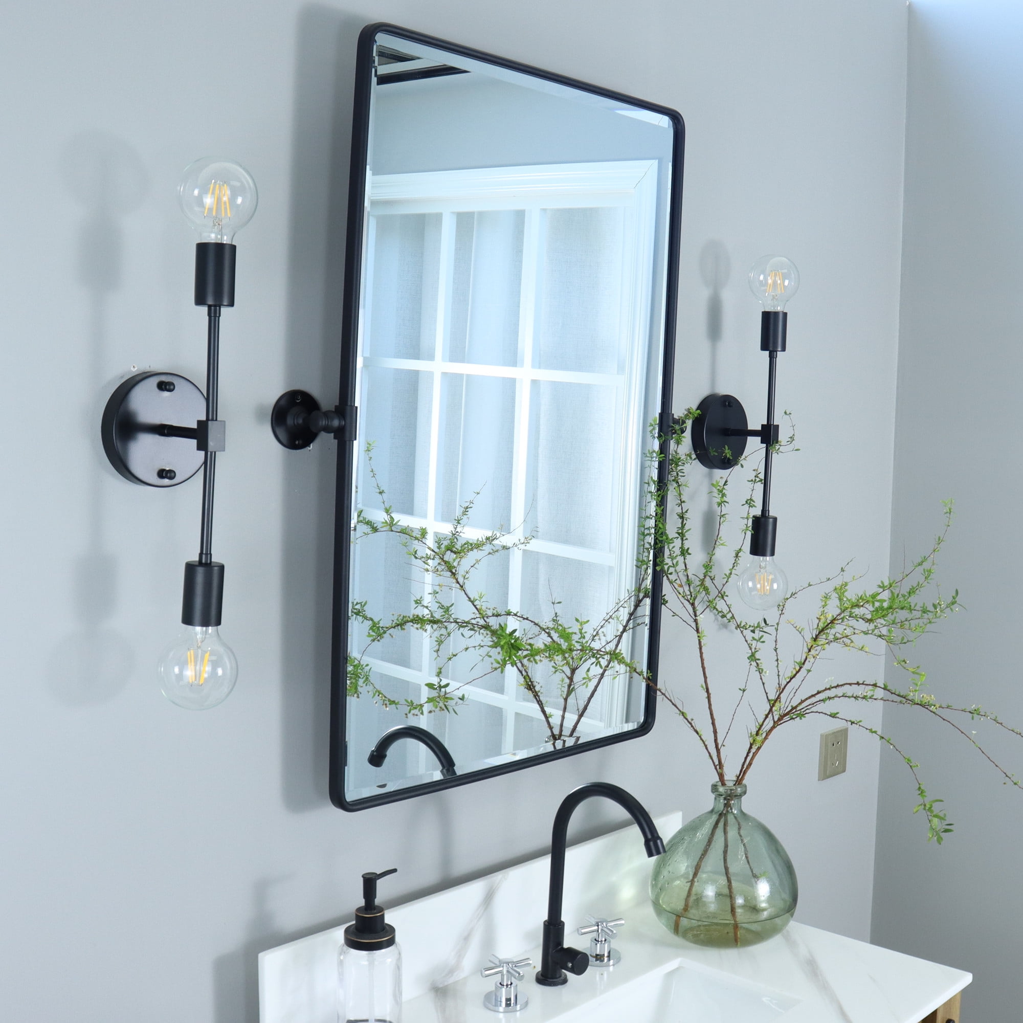 TEHOME Black Metal Framed Pivot Rectangle Bathroom Mirror 24x36