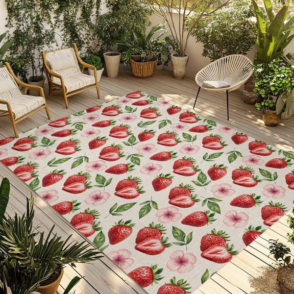 Red Strawberry Outdoor Rug 3x5 Ft - Reversible Patio Rug Outdoor Camping Rugs, Country Fruit Summer Retro Tropical Washable Indoor Outdoor Area Rugs, Non-Slip Outdoor Carpet Runner for Deck/Porch