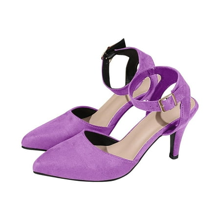 hopeusnice Clearance Women s Ankle Strap High Heels Pointed Toe Buckle Dress Shoes Suede Elegant Party Wedding Comfortable Footwear Purple 40
