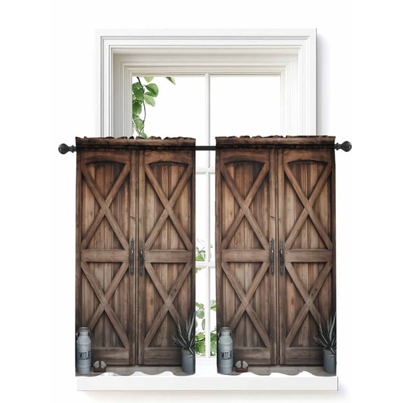 Retro Brown Door Curtains 54 Inch Length, Sheer Curtains for Bedroom Living Room Window Country Vintage Wooden Door Rod Pocket Voile Drapes Kitchen Curtains Small Half Window 42"x54" 2 Panels
