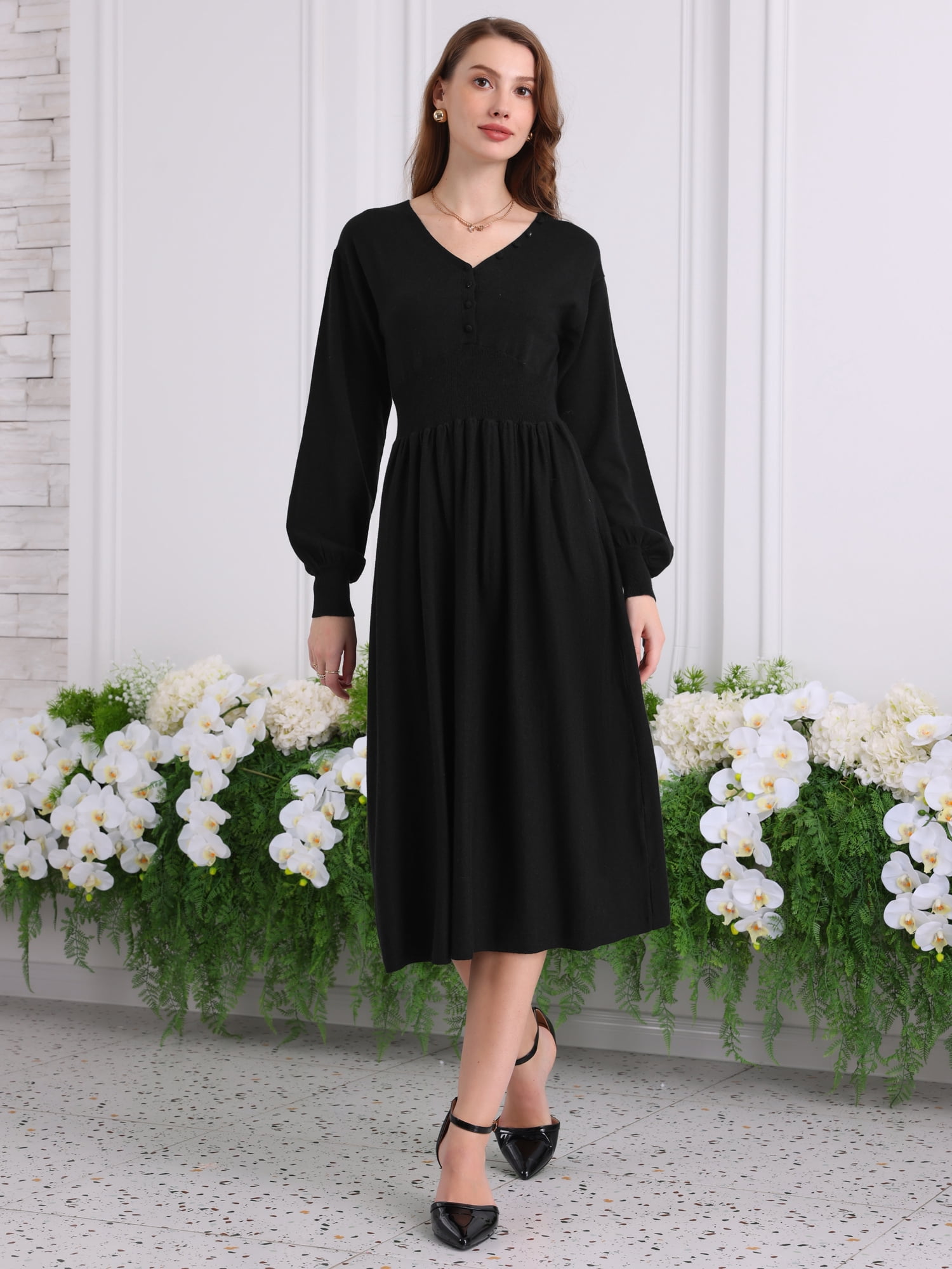 DARING DIVA Long Sleeve Sweater Ribbed Knit Midi A-Line Dress S Black