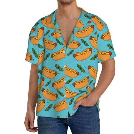 Fuzoiu Hot Dog 5 Print Men s Casual Short Men s Short Sleeve Shirt Mens Casual Button Down Shirts Cuban Collar Summer Shirt for Beach Vacation and Outdoor Activities-Large