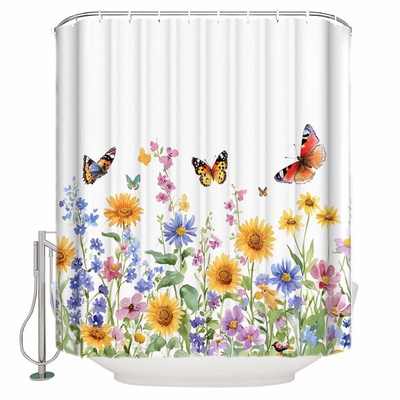 Shower Curtain Bathroom Set Spring Watercolor Blossom Floral Waterproof Fabric Shower Curtains with Grommets&Hooks Colorful Sunflower Butterfly Privacy Bath Curtain for Bathtub 36x72in