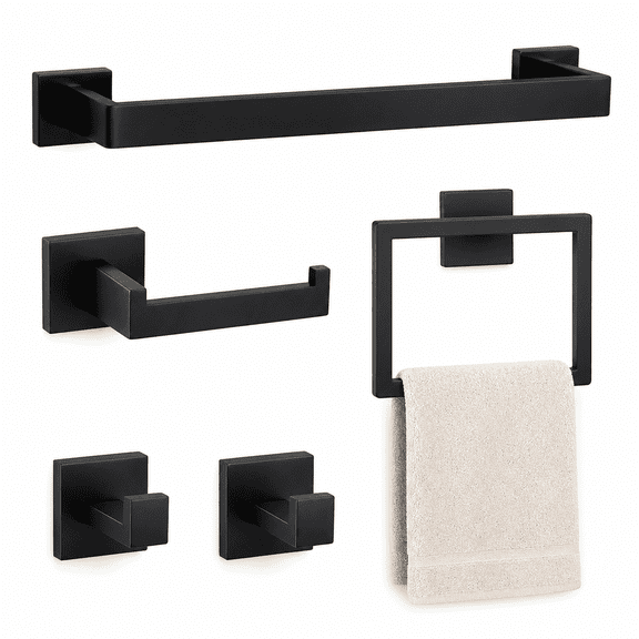 5 Piece Bathroom Towel Bar Set, 23.6 Inch Bathroom Towel Holder, SUS304 Stainless Steel Towel Racks for Bathroom Wall Mounted, Matte Black Bathroom Hardware Accessories Set