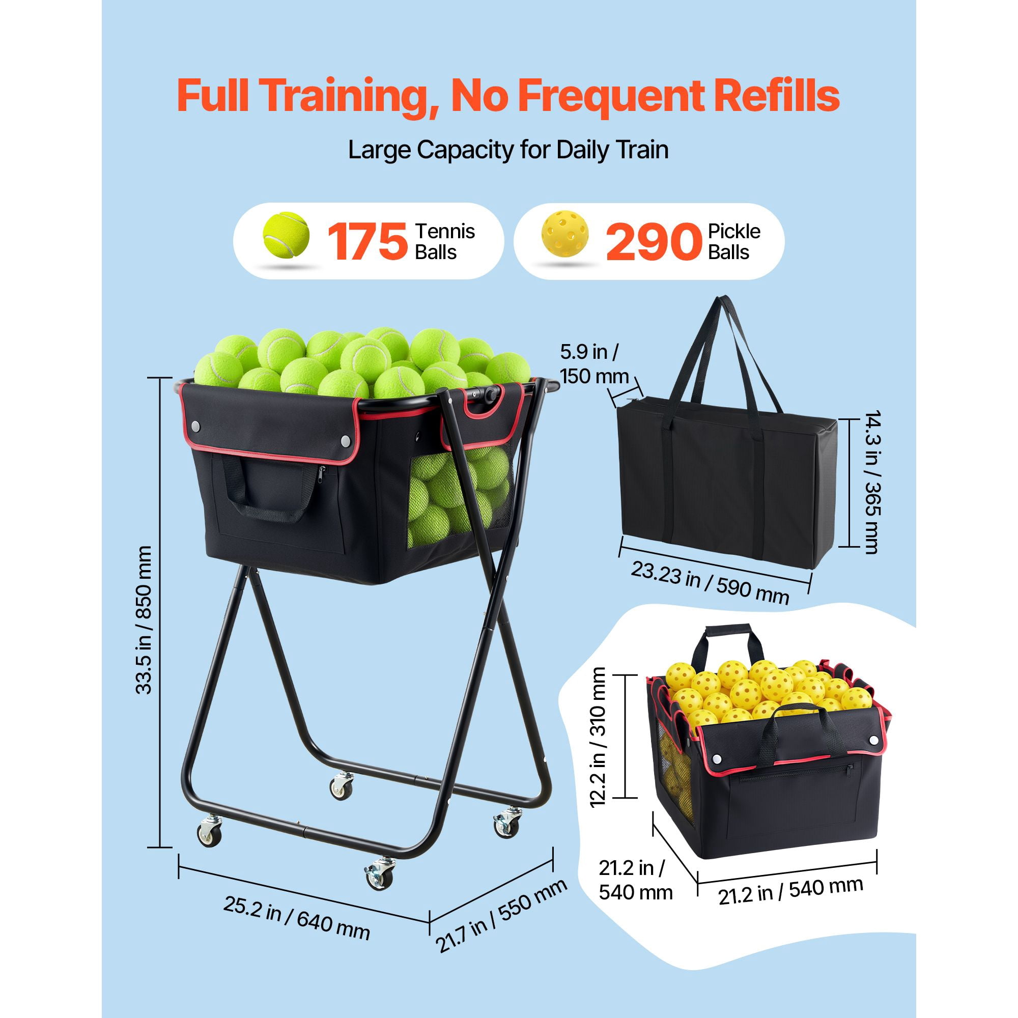 Tennis Ball Hopper, Holds 175 Tennis Balls or 290 Pickleballs, Foldable Pickleball Basket Cart with Wheels for Easy Pick Up, Portable Baseball Cart Caddy with Storage Bag, for Training Coaching