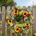 thumbnail image 2 of Corona de girasoles de primavera para la puerta principal | Corona floral artificial para la decoración exterior del hogar | Corona de flores de seda floreciente con girasoles, 2 of 8