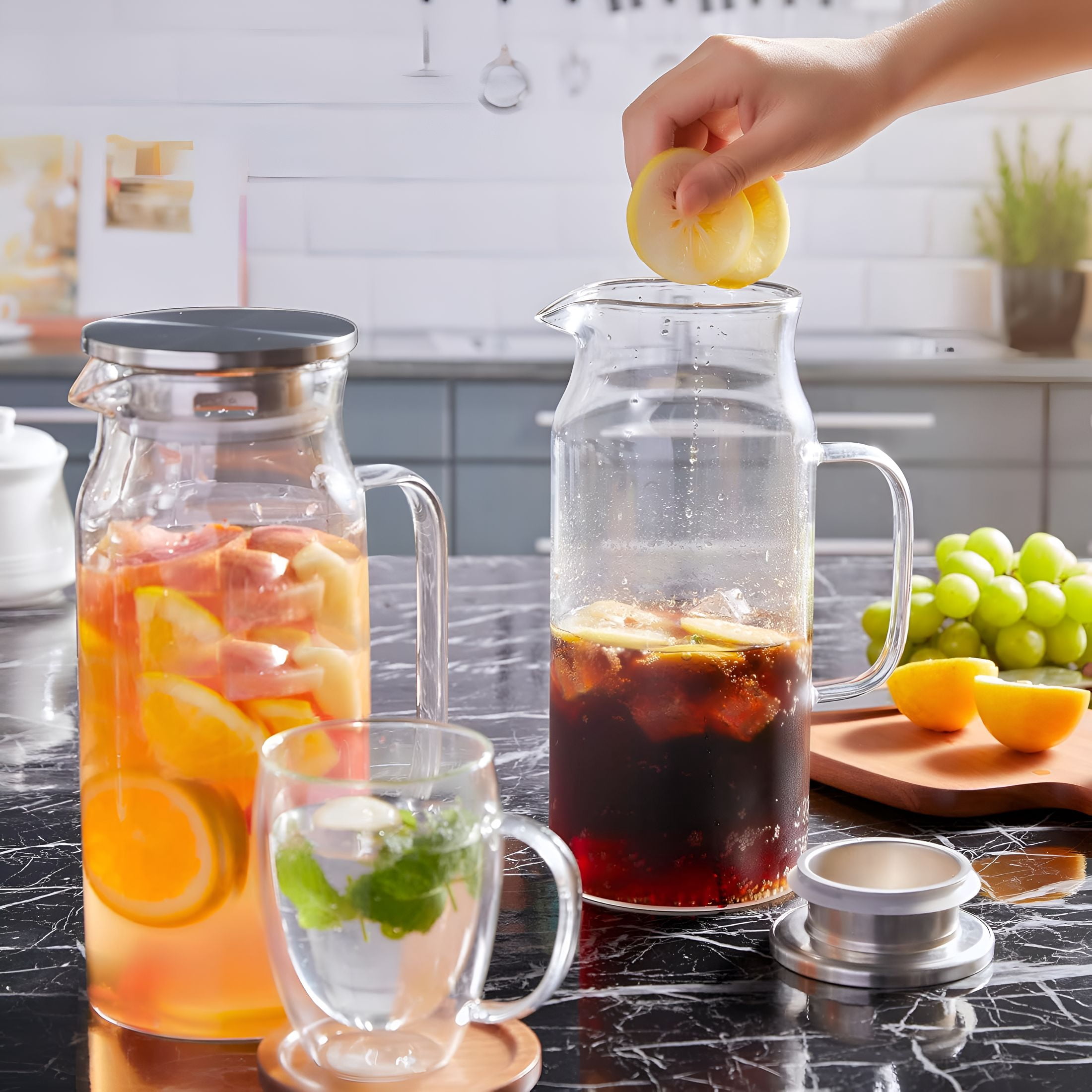 ACDANC 2 Liter 68 Oz Glass Pitcher with Lid and Handle,Glass Carafe for Hot/Cold Water,Large Iced Tea Pitcher for Coffee,Juice and Homemade Beverage