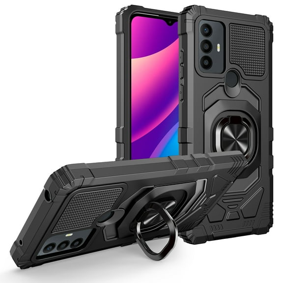 For TCL 30 SE Armor Dual Layer Metal Ring Stand Magnetic Car Mount Hybrid Impact Protective Shockproof Case Cover Black