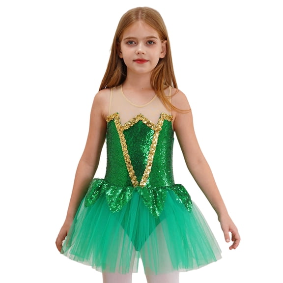 LiiYii Kids Girls Elf Tulle Tutu Dress Elf Princess Fancy Dress Up Shiny Sequins Party Dress Green 14
