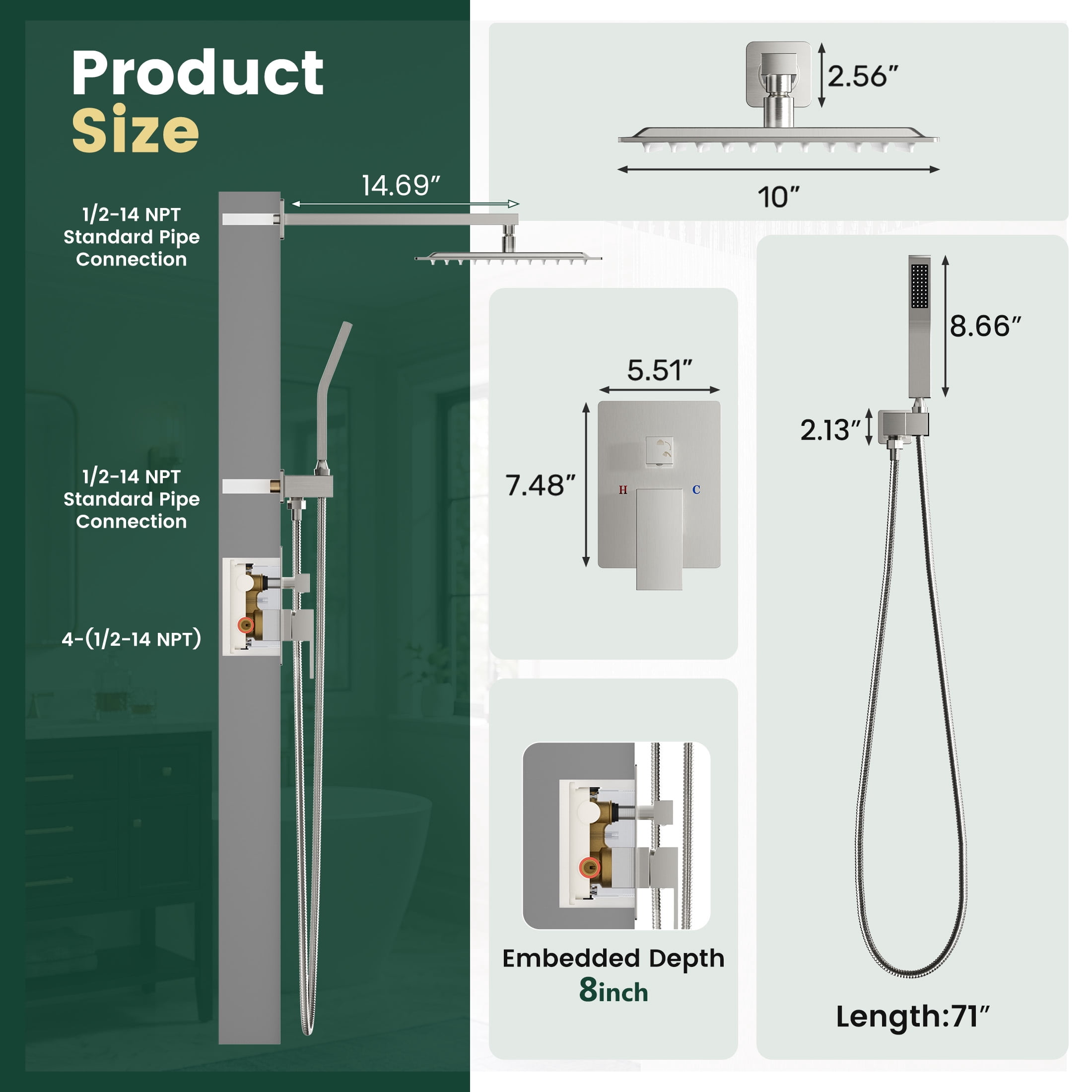 Gianna Rain Showerhead and Handheld Spray Combination Set, 10-inch Rain Showerhead, Nickel