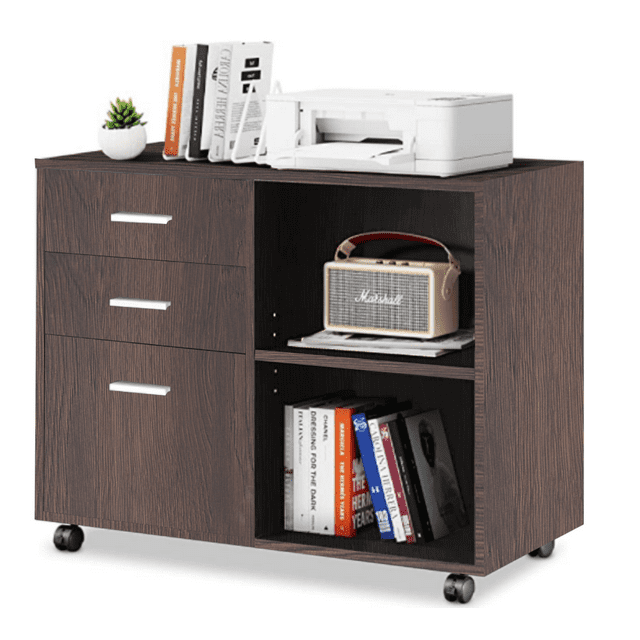 Wooden Home Office Pulley Movable File Cabinets with Password Lock, File Cabinet with Open Storage Shelves and Two Drawers, Low cabinet with 5 Universal Wheels, Easy to Assemble, Brown Oak
