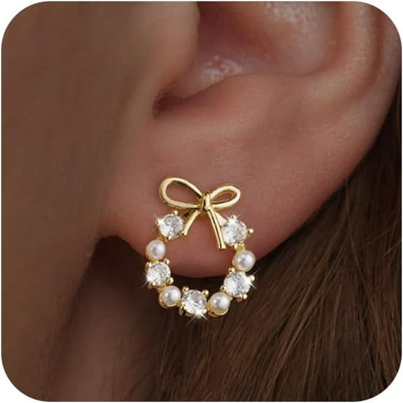 14K Gold Plated Bow Earrings Stud for Women Trendy Dainty Cute Pearl Earrings Hypoallergenic Cubic Zirconia Jewelry Gifts for Women