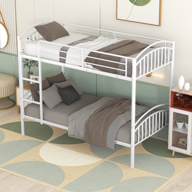 Twin Over Twin Bunk Bed, Heavy Duty Metal Bed Frame with Ladder and Safety Rail, Can be Separate