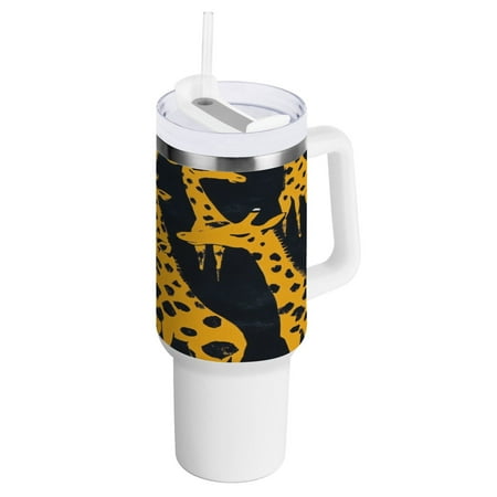 

40 Oz Car Handle Water Bottle 10.8x3.85 Inch Handle And Straw Travel Water Bottle Reusable Stainless Steel Water Bottle Cute Yellow Giraffe