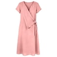 thumbnail image 6 of Women's Solid Color Wrap V Neck Midi Dress Short Sleeve Tie Waist Casual Vacation Dress with Pockets Pink L(L), 6 of 7