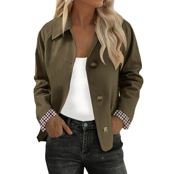 RQYYD Womens Cropped Trench Coat Classic Collar Oversized Casual Jackets with Checkered Lining for Women