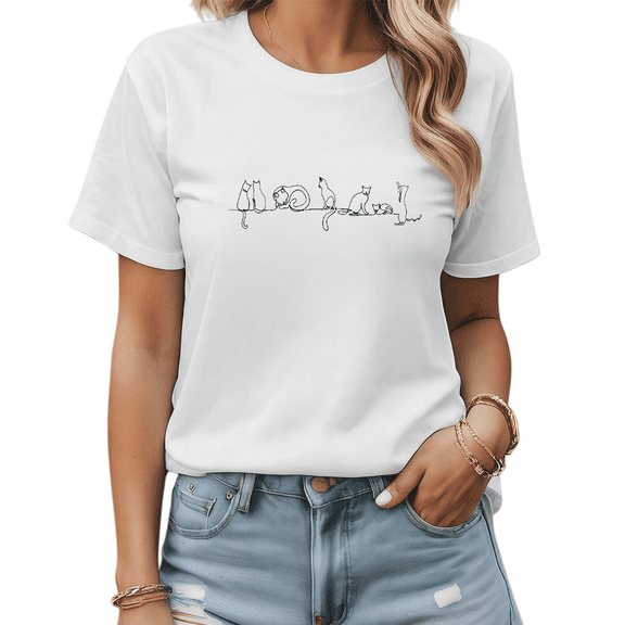 White Minimal Line Cat Print Tshirt Graphic Tees Cute Cat Lover Shirts Casual Daily Wear S-5XL Tops