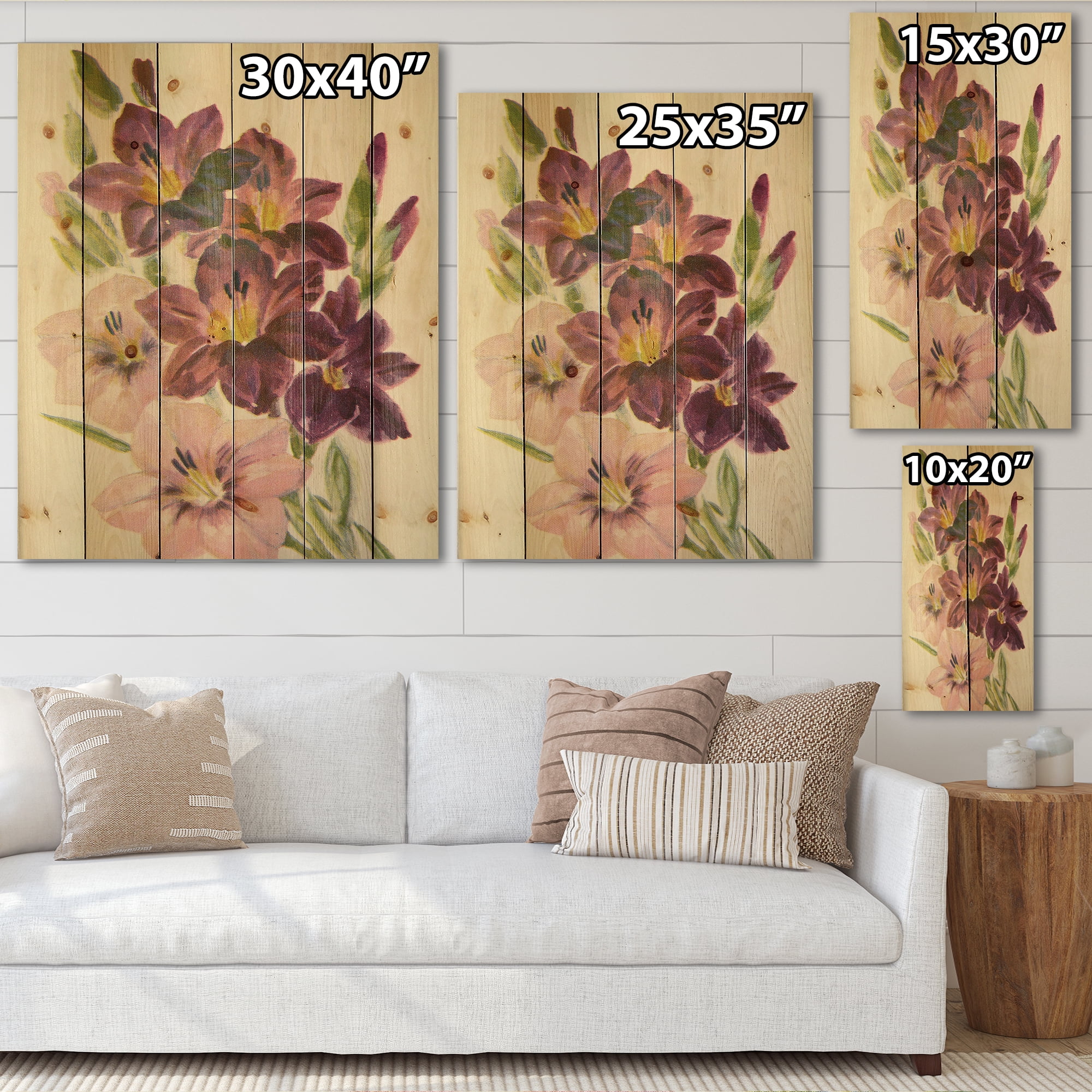 Designart 'Retro Dark and Light Pink Gladiolus' Traditional Print on Natural Pine Wood
