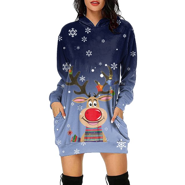VBARHMQRT Chandail à Capuche Bleu Femme Long Décontracté Manches Longues Chandail Chandail en Molleton Imprimé de Noël avec Poche