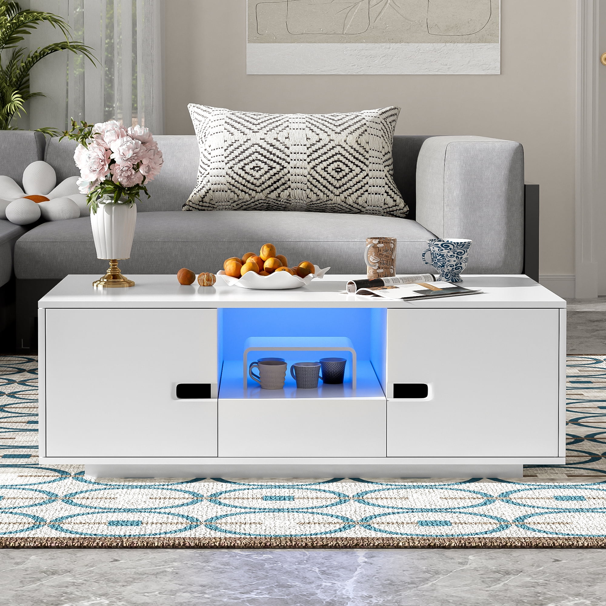Euroco Modern High Gloss Coffee Table with LED Lights, 16 Colors & Remote Control, Storage Drawer and Cabinets, MDF Living Room Center Table with Shelves, 47.2''W x 23.6''D x 15.7''H