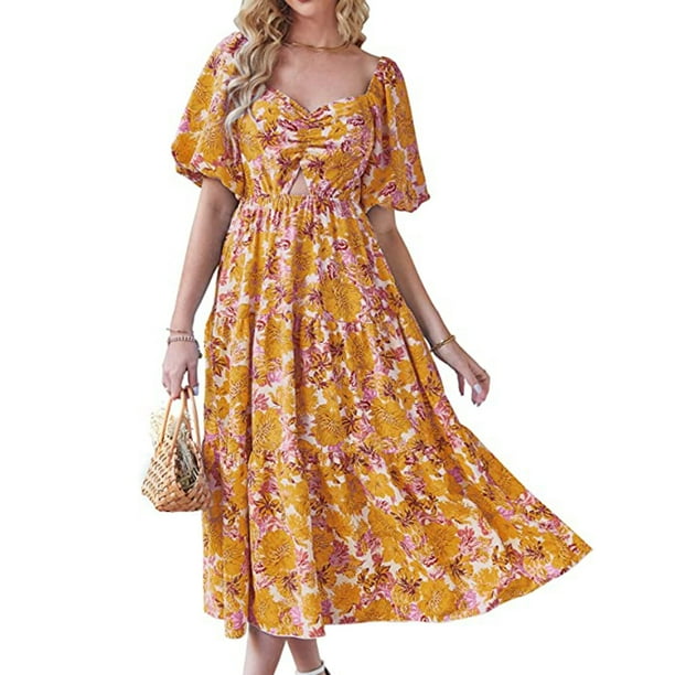 Puntoco Vestido Largo Informal De Verano Para Mujer, Fluido, Playero, Con Cuello Cuadrado, Esponjoso, Manga Corta, Espalda Ahumada, Flor Bohemia, Largo, Naranja, S