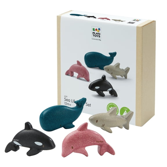 PlanToys® Wooden Sea Life 4-Piece Set Dolphin, Orca, Whale and Shark Figurines | Montessori Toy for Imaginative Play | Supports Language and Social Skills | Eco Friendly for Bath and Water Play