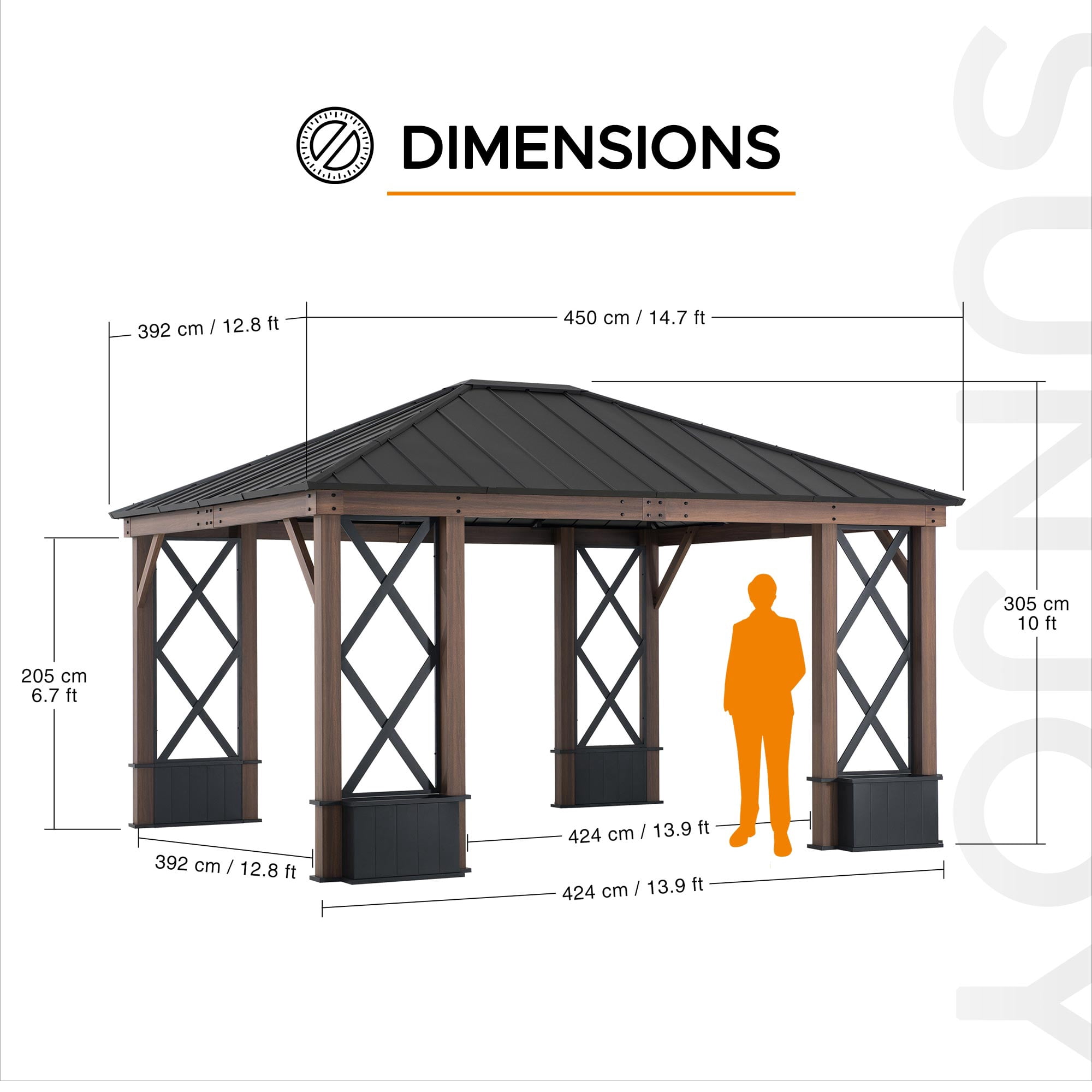 Sunjoy 13 ft. x 15 ft. Hardtop Gazebo, Outdoor Black Steel Roof Gazebo Aluminum Framed Gazebo with Planters and Ceiling Hook for Patio, Garden, and Backyard Activities