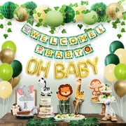 Jungle Theme Safari Baby Shower Decorations with Banner, Animal Centerpieces, Tropical Leaves, Oh Baby Balloons