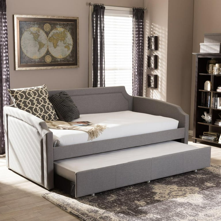 Baxton Studio Parkson Modern and Contemporary Fabric Curved Notched Corners Sofa Twin Daybed with Roll Out Trundle Guest Bed Gray