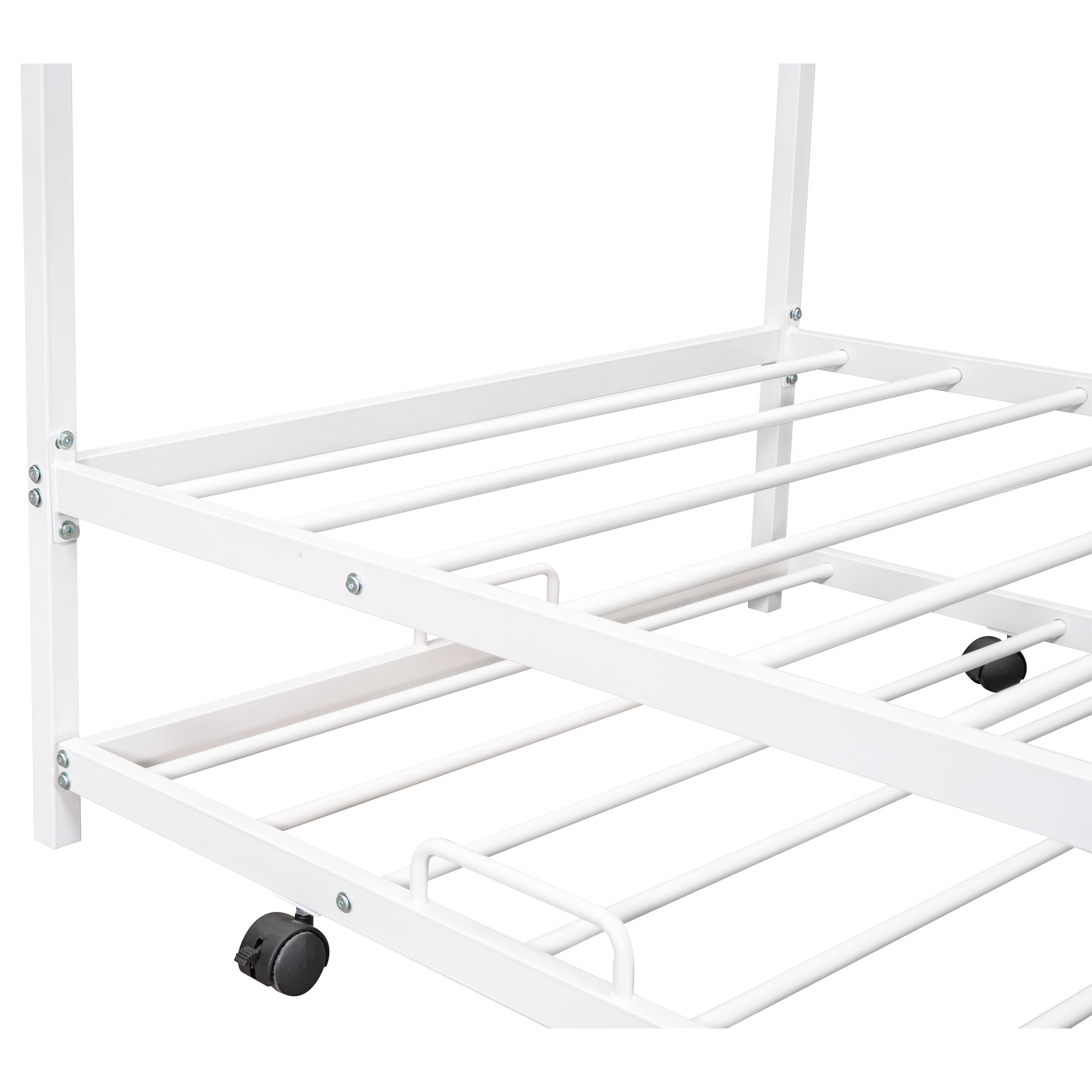 Gewnee Metal House Bed With Trundle,Kids Twin Size House-shaped Platform Bed Frame,White