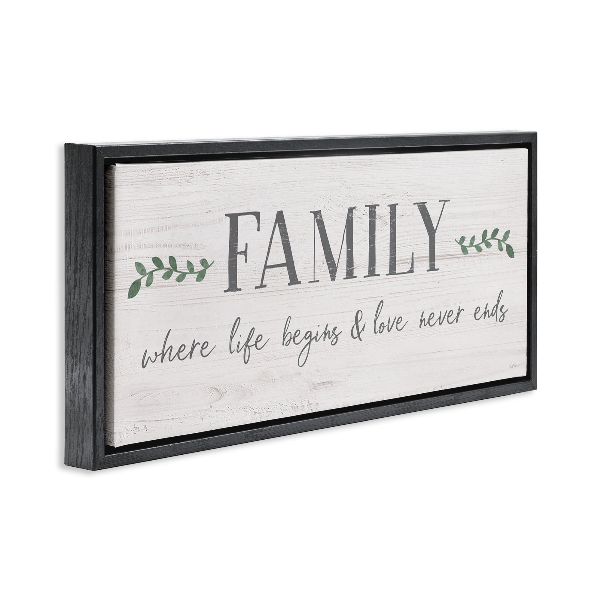 Stupell Industries Love Never Ends Family Phrase Inspirational Painting Black Floater Framed Canvas Art Print Wall Art, 25 x 11