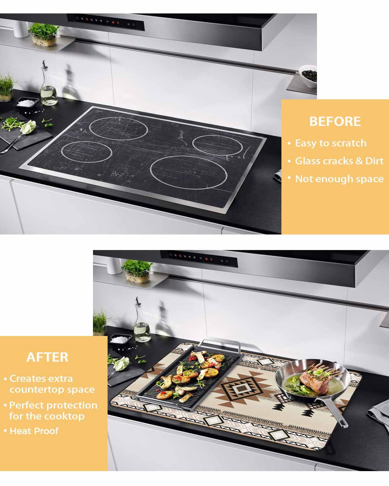 nqOlkjepod Large Induction Cooktop Protector Mat 24"x21", Brown Southwestern Stove Top Covers for Electric Stove, Boho Ethnic Geometric Farmhouse Stove Burner Cover Mats, Glass Top Stove Cover